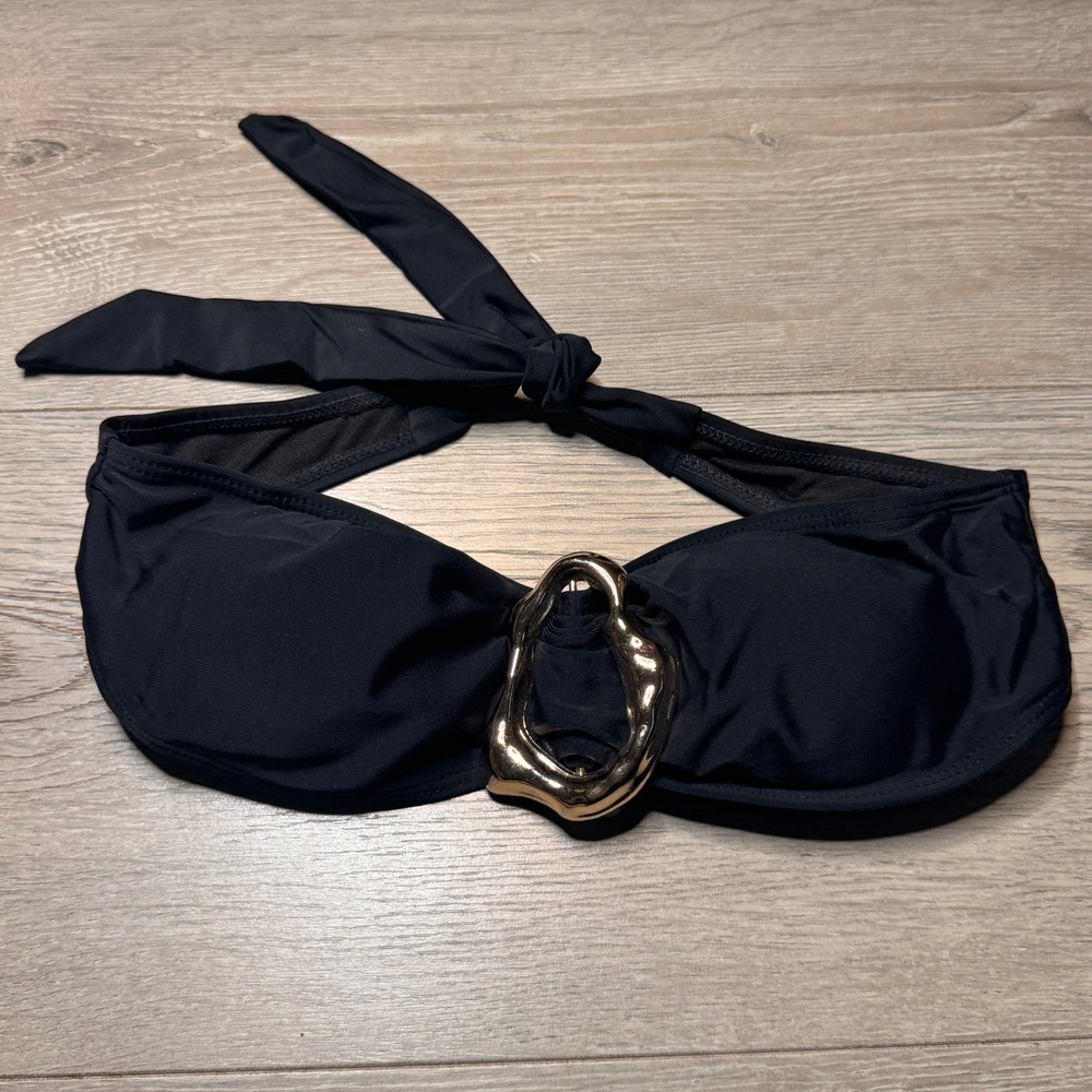Black Bandeau Bikini Top Gold Ring Detail Strapless Swimwear XSā Xsmall